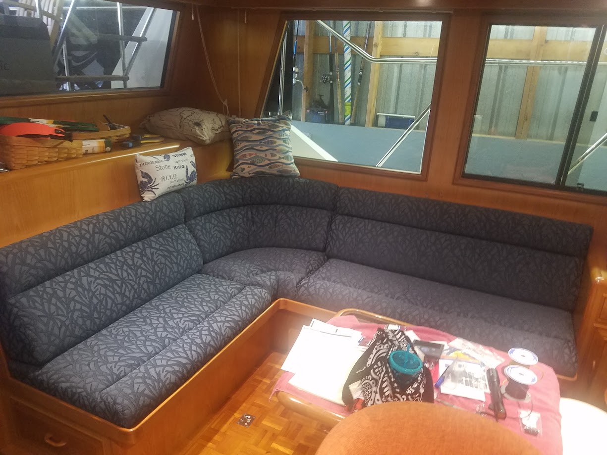 Boat Wood Bench with Gray Cushions